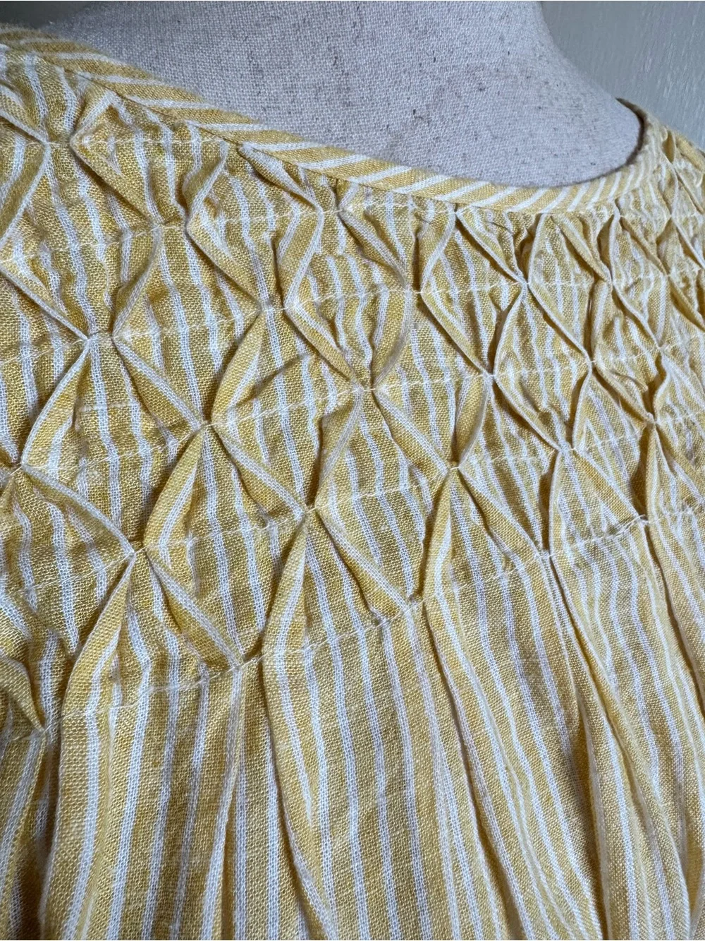 Anthropologie Butter Yellow & White Striped Smocked Puff Sleeve Blouse